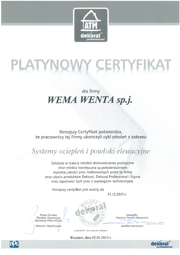 Platynowy Certyfikat ATM - Dekoral